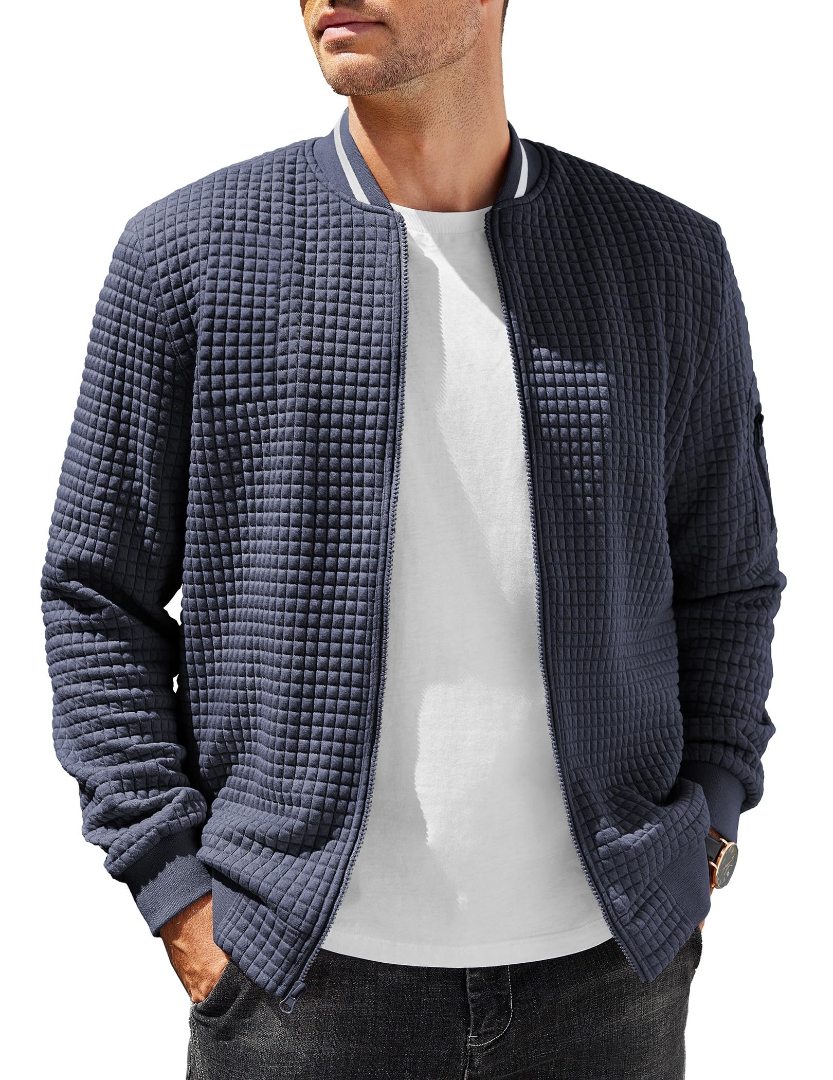 COOFANDY Men's Lightweight Varsity Bomber Jacket - Casual Waffle Knit Zip Up Fashion Jacket for College, Streetwear & Everyday Outfits