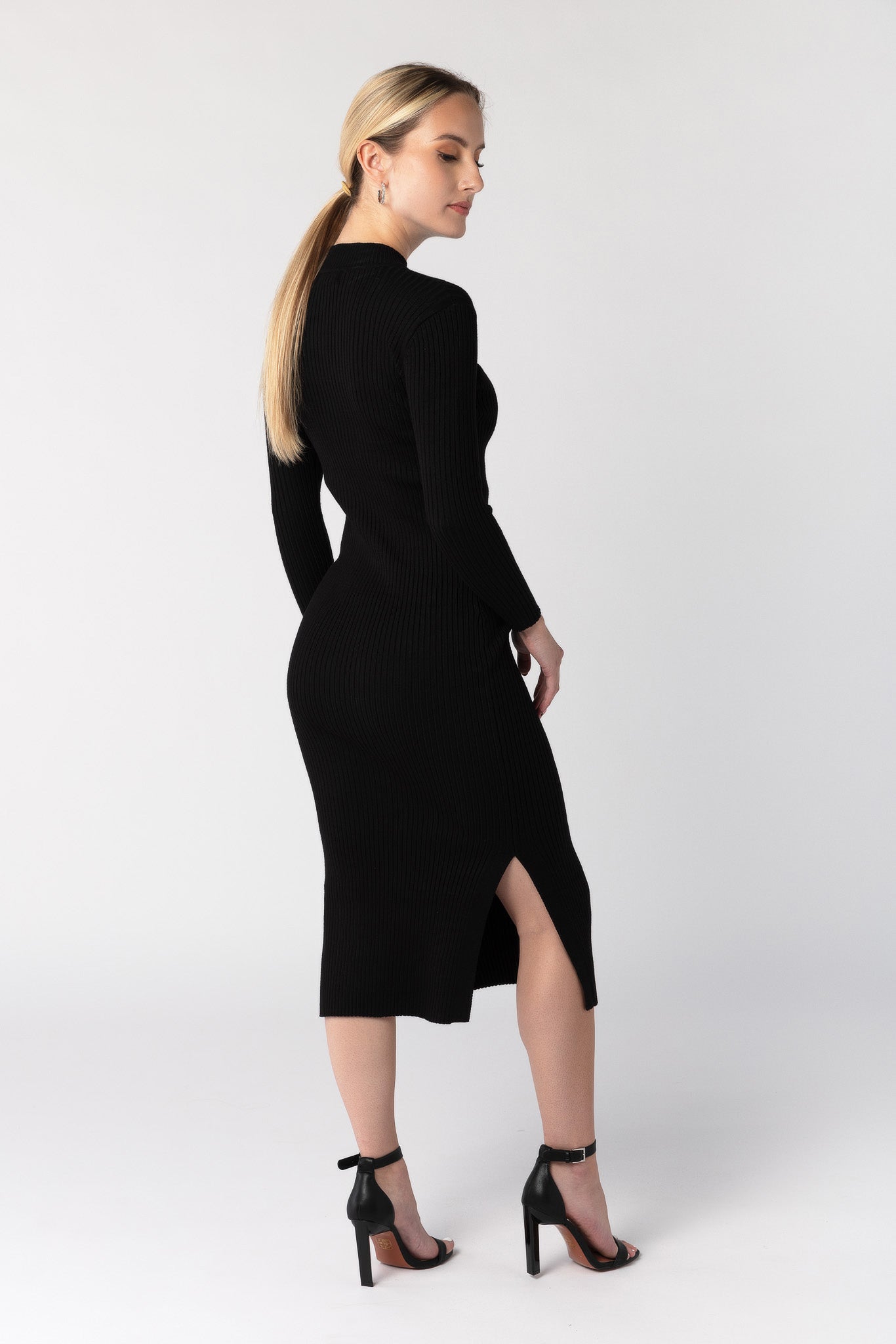 Elegant Mockneck Midi Dress with Slide Slits & 3/4 Sleeves - Women's Fashion Stretch Knit Bodycon Dress for Office, Party & Date Night