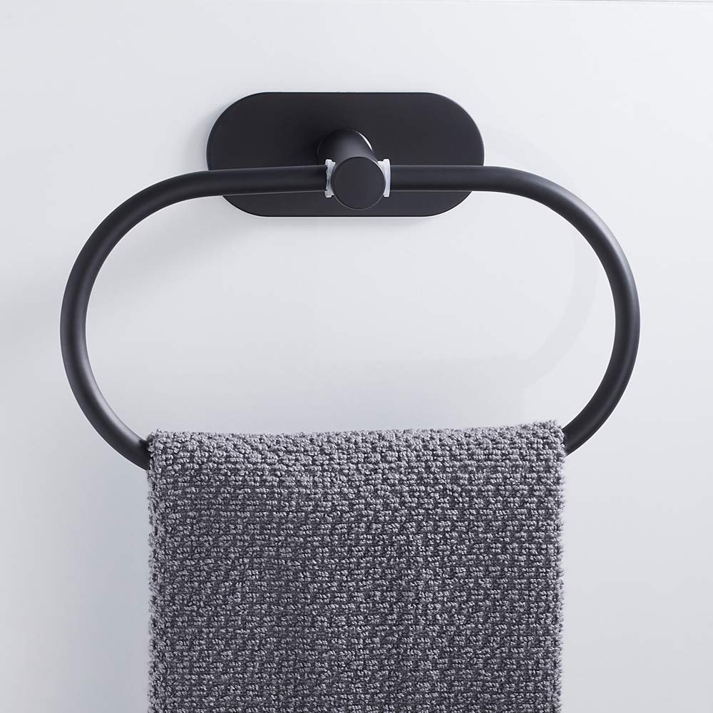 Stainless Steel Self-Adhesive Wall Mounted Oval Towel Ring - No Drill Black Bathroom Towel Holder for Shower, Spa & Bathroom Organization - Highly Polished Chrome Finish