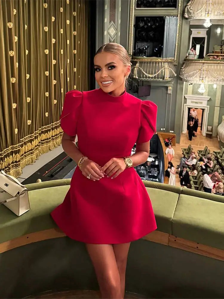 Stylish Red Bow Mini Dress for Women - Short Sleeve Padded Shoulder Backless Hollow Out Summer A-Line Party Dress | Perfect for Cocktail Parties, Date Nights & Special Occasions
