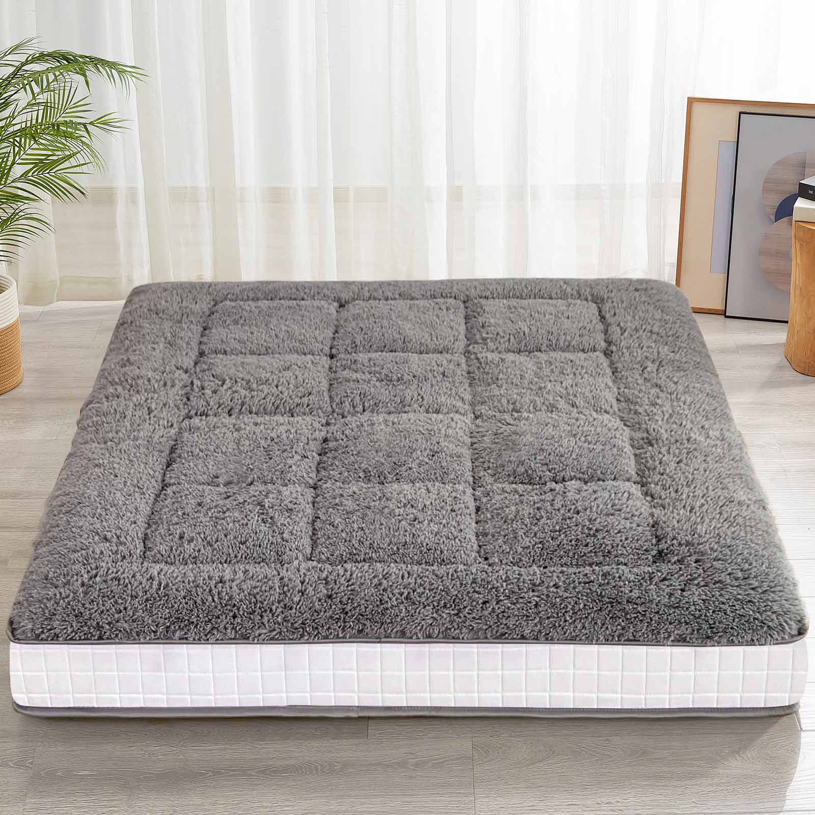 MAXYOYO 6-Inch Extra Thick Fluffy Floor Futon Mattress - Plush Square Quilted Mattress for Adults & Guests - Dark Grey - Perfect for Living Rooms, Guest Beds & Sleepovers