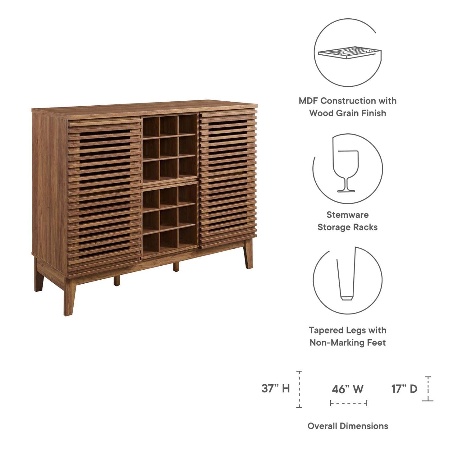 Modway Render Mid-Century Modern Wine Bar Cabinet - Walnut Finish, 17