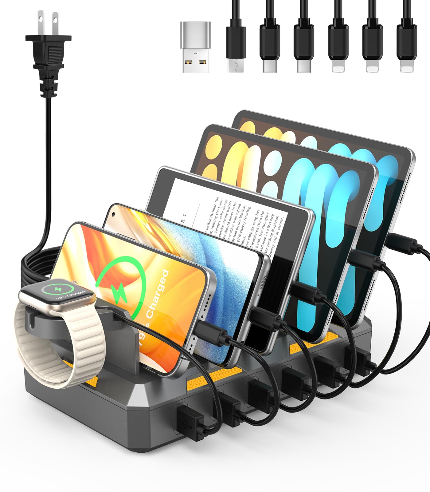 50W USB Multi Charging Station for iPhone, iPad, Android - 6-in-1 Fast Charger with Mixed Cables for Smartphones, Tablets, Kindle | Space Gray | Perfect for Home, Office & Travel