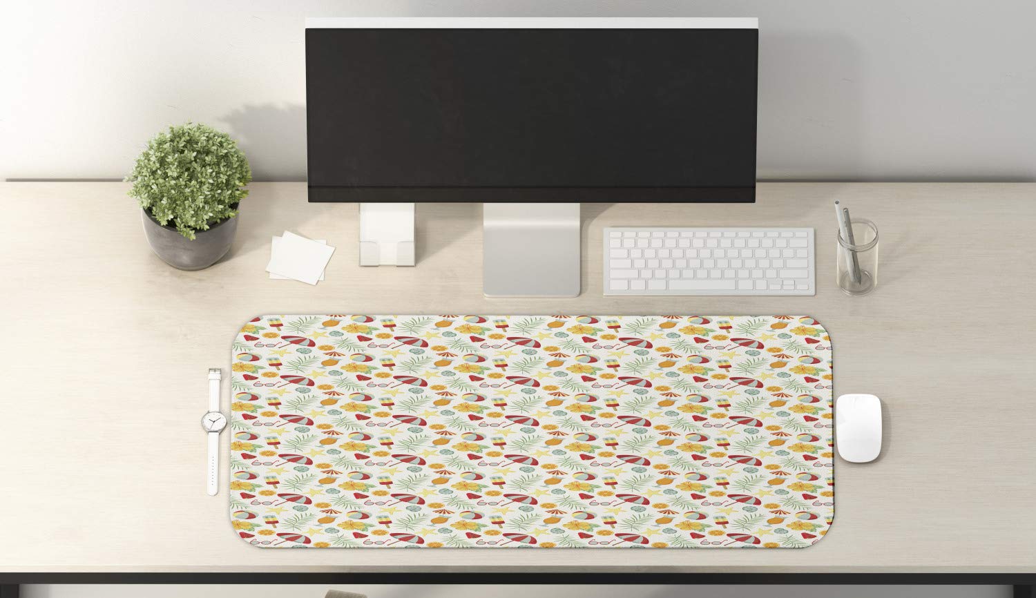 Ambesonne Summer Themed Computer Mouse Pad - Non-Slip Rubber Gaming Mouse Mat with Vibrant Popsicle, Flower & Cocktail Design (31