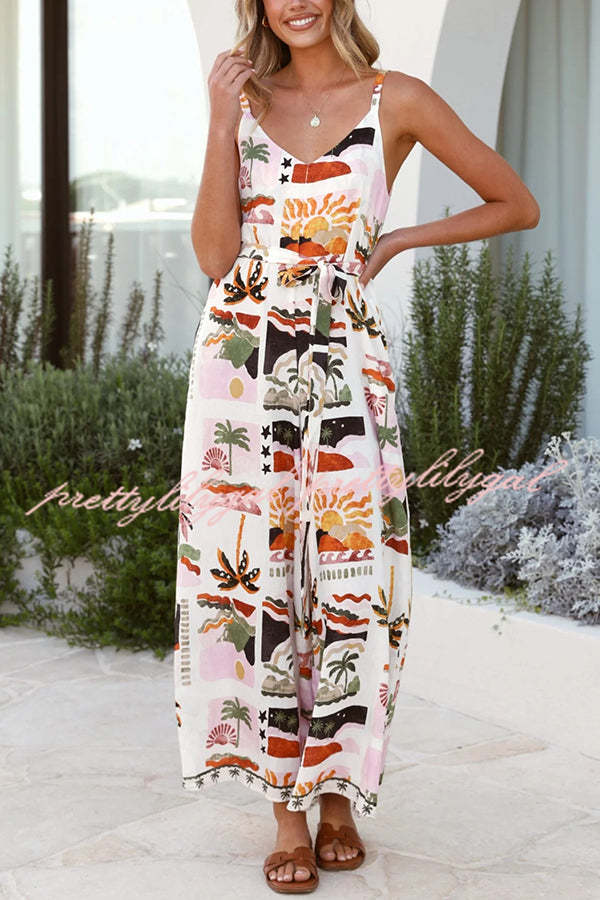 Stylish V-Neck Suspenders Wide Leg Jumpsuit with Beach Vacation Print - Perfect for Summer Outfits, Casual Wear & Vacation Essentials