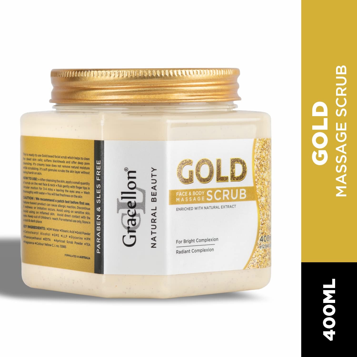 Organic Gold Face & Body Massage Scrub - Paraben & SLES Free for Radiant, Brightened Skin with Instant Glow - 400ml | Perfect for Spa Day, Self-Care Routine & Gift Giving