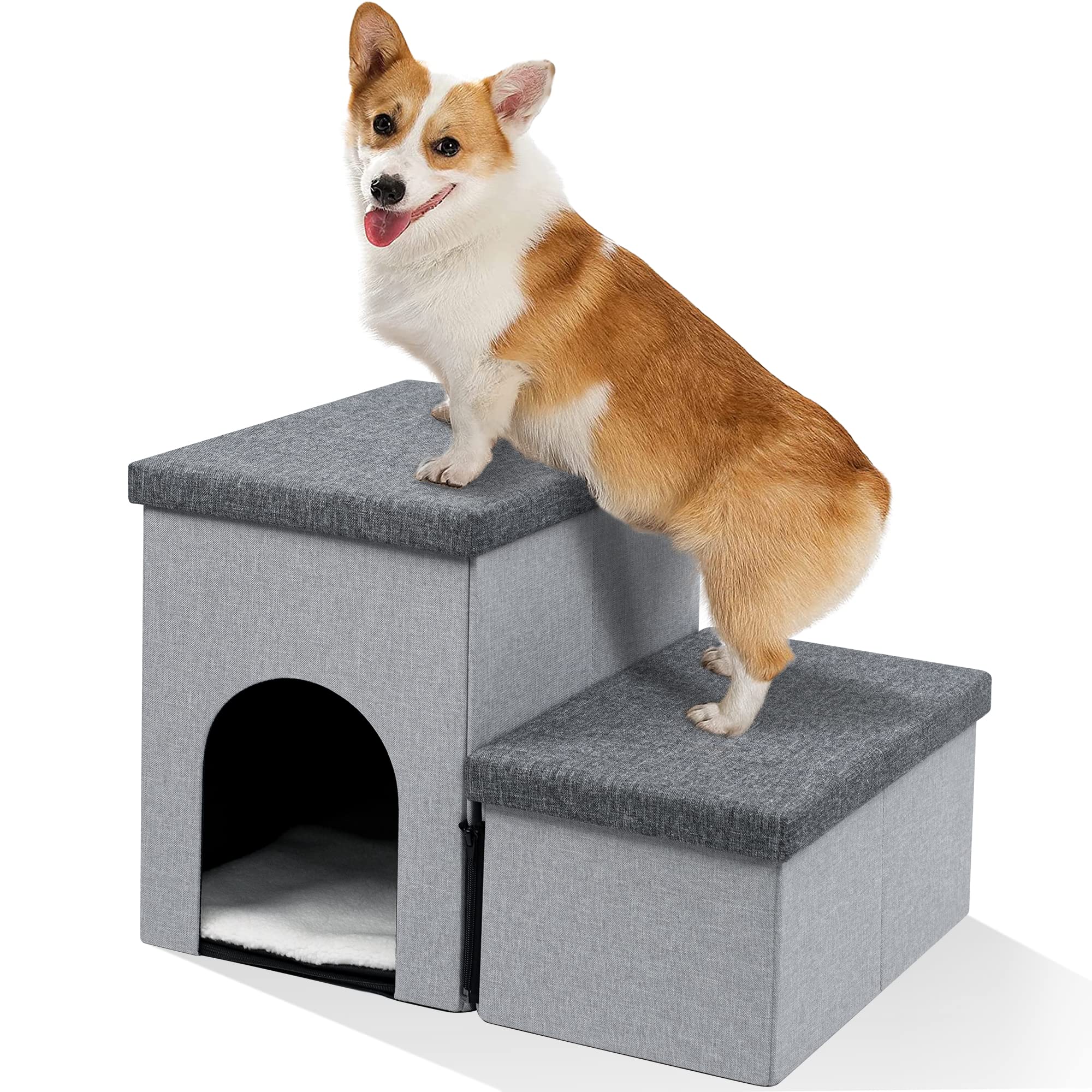 Foldable Dog Stairs for Small to Large Dogs & Cats - 2-Step Pet Steps with Storage & Pet House, Non-Slip Ramp for Couch & High Bed - Supports Up to 150 lbs - Perfect for Elderly Pets, Bed Access & Small Space Living