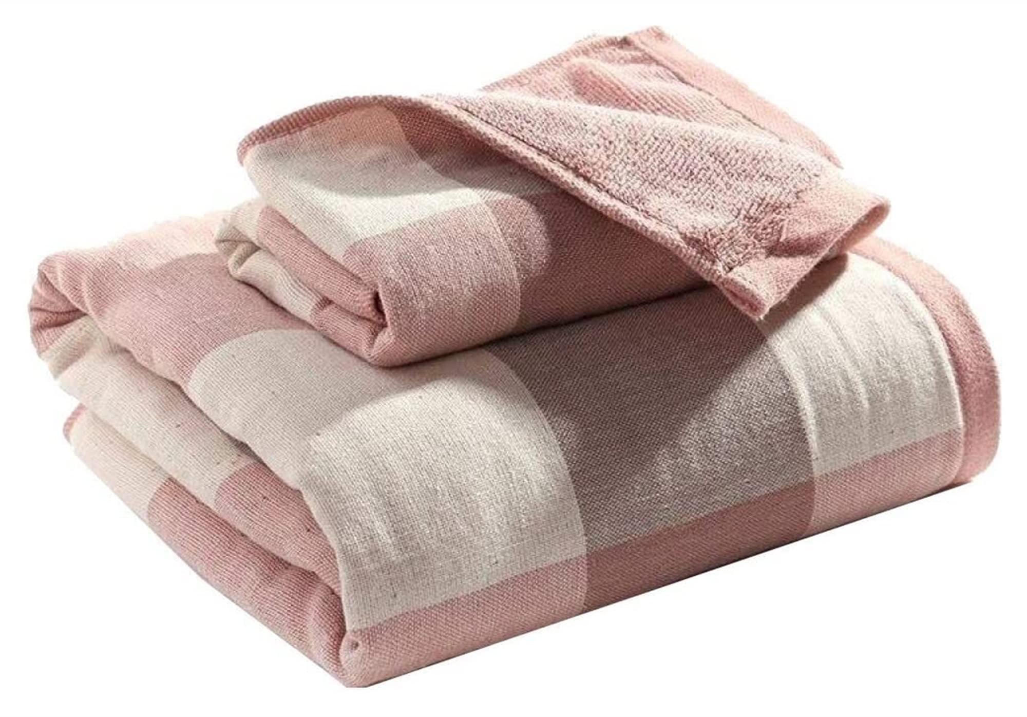 YUESFZ Organic Cotton Muslin Bath Towels Set - Soft, Highly Absorbent Plaid Bath Sheet & Hand Towel (Blue) | Luxury Spa, Beach & Home Use
