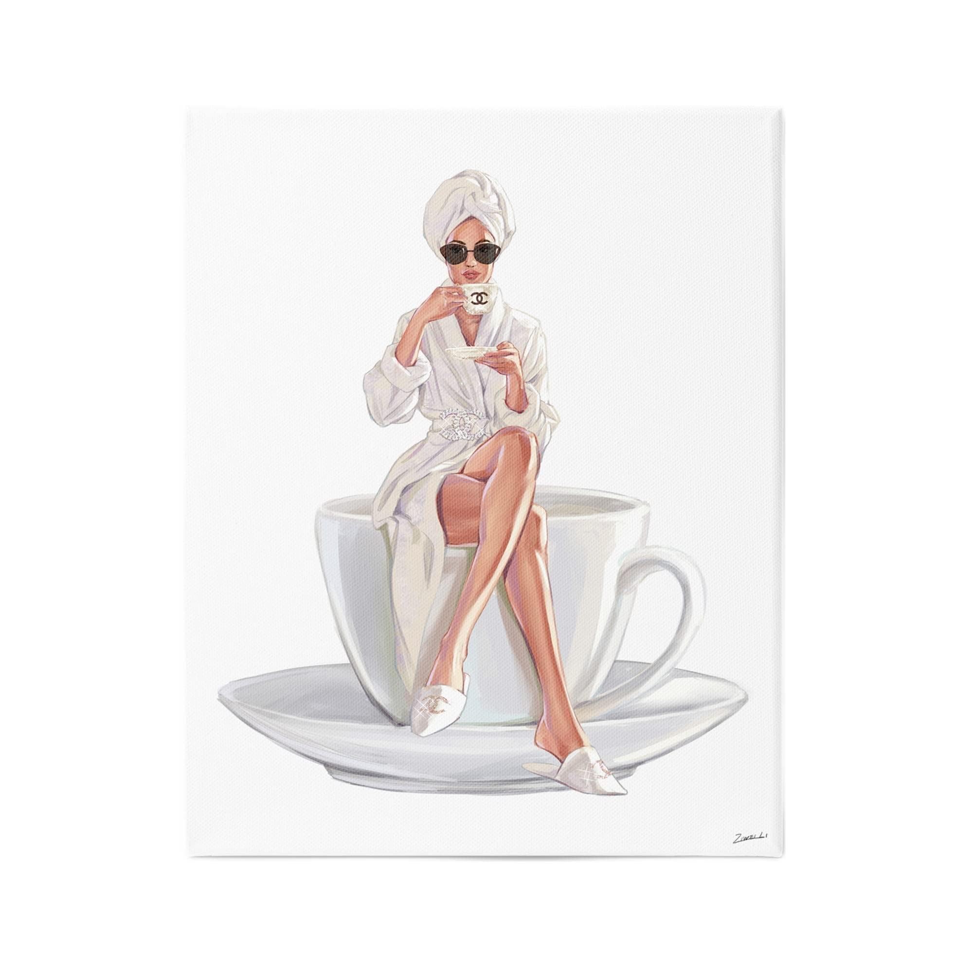 Stylish Women's Robe with Coffee Cup & Designer Sunglasses Logo - White by Ziwei Li | Perfect for Relaxing at Home, Coffee Breaks & Fashionable Loungewear