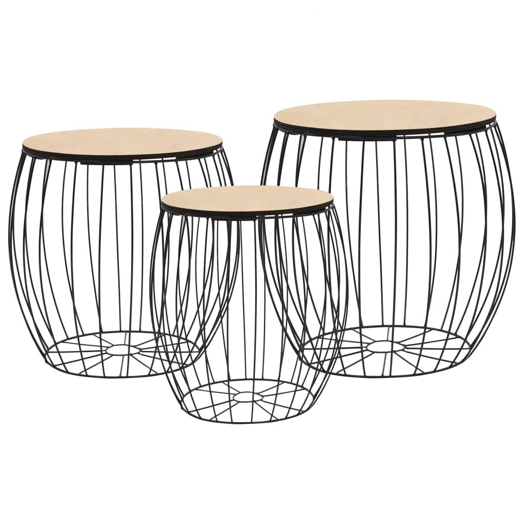 Vintage Nesting End Table Set of 3 - Retro Stackable Coffee Tables - Industrial Round Side Tables for Living Room, Bedroom & Home Decor - Brown Poplar Plywood with Black Iron Frame - Perfect for Small Spaces, Apartments and Coffee Table Styling