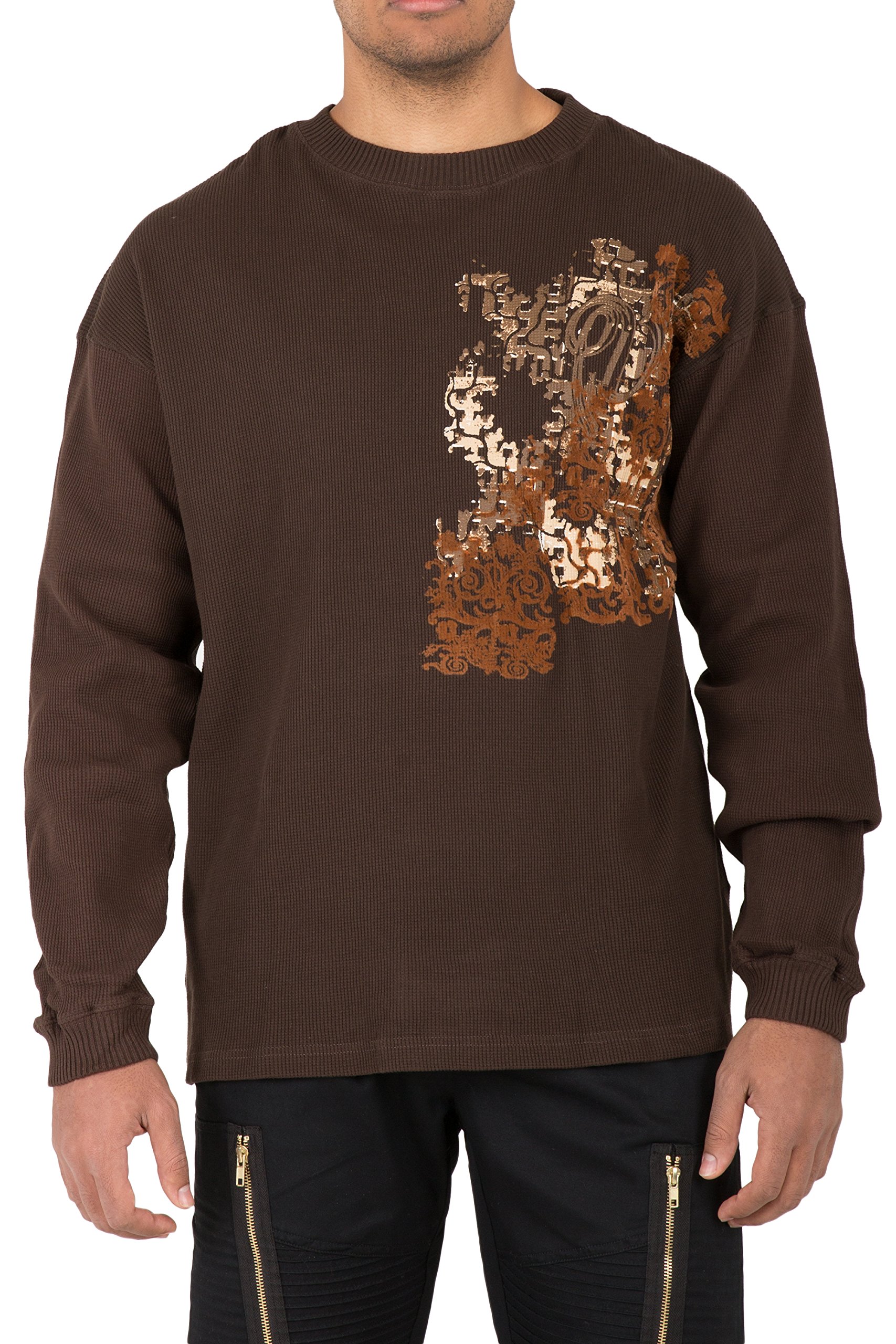 VIBES Men's Long Sleeve Waffle Thermal T-Shirt - Distressed Flock Print, Rib Cuff, Crew Neck - Perfect for Winter Layering, Casual Outfits & Outdoor Activities