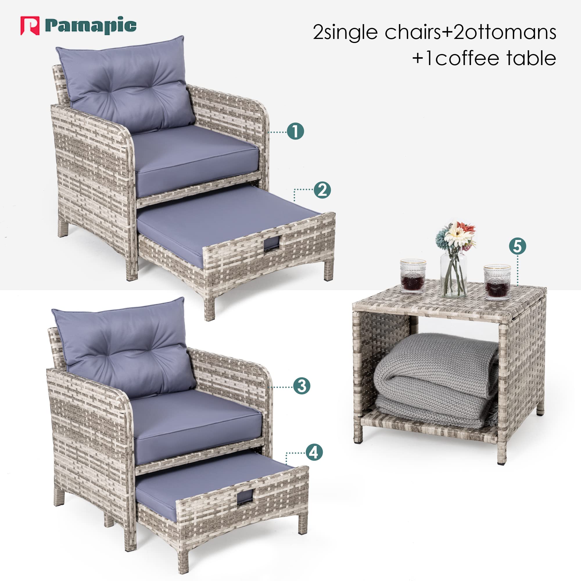 Pamapic 5-Piece Wicker Patio Furniture Set - Outdoor Rattan Chairs with Ottomans & Coffee Table - Purple Cushions & Gray Wicker - Perfect for Garden, Balcony, Porch & Backyard Relaxation