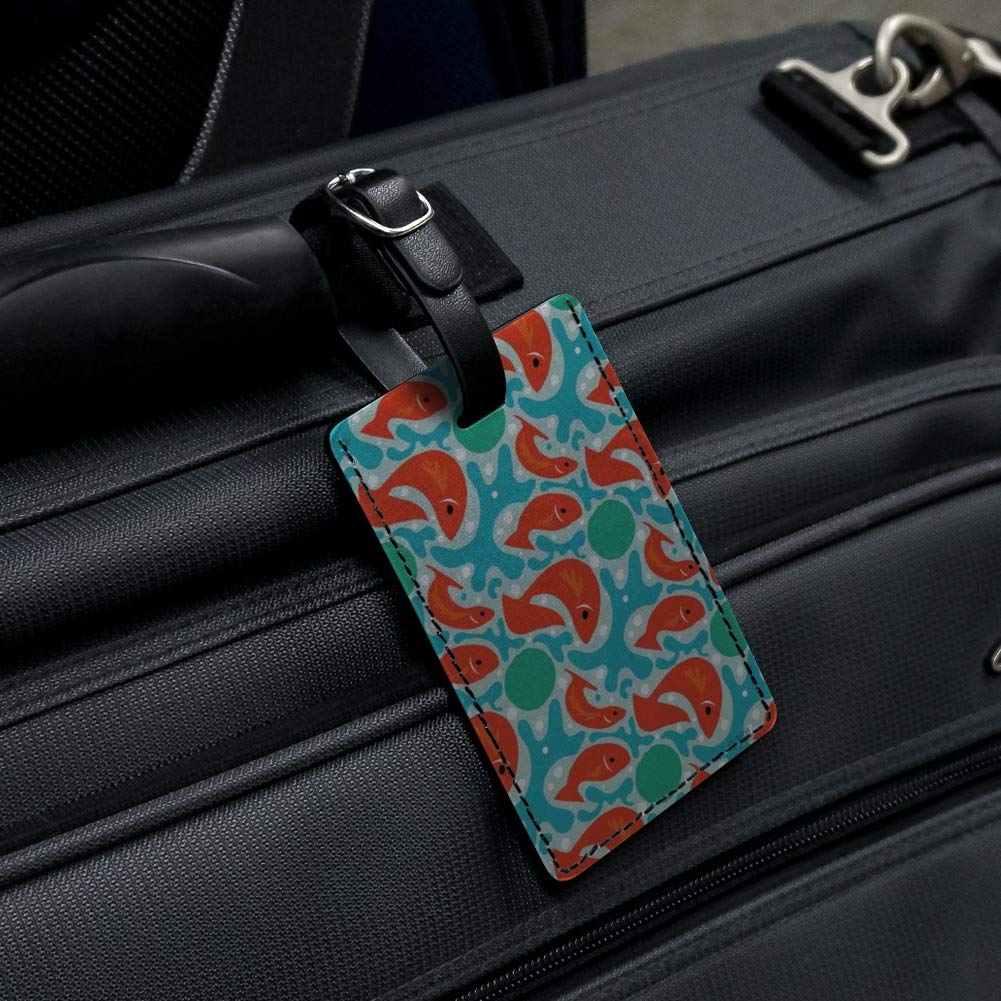 Stylish Orange Fish on Blue Pattern Rectangle Leather Luggage Tag - Durable ID Card Holder for Travel Bags, Suitcases & Backpacks | Perfect for Business Trips, Vacations & Daily Commute