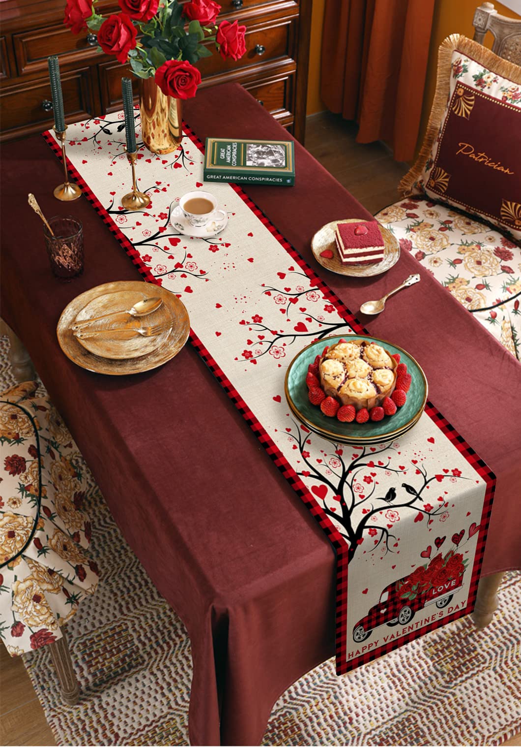 108-Inch Valentine's Day Table Runner - Red Rose & Black Buffalo Plaid Kitchen Decor for Parties, Coffee Tables, and Home - Perfect for Romantic Dinners, Holiday Gatherings, and Seasonal Home Styling (13x108 Inches)