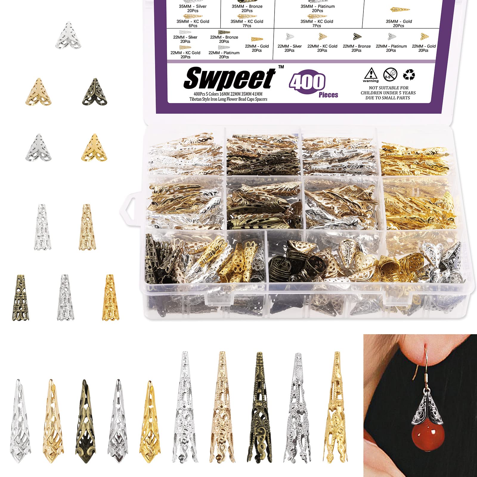 Swpeet 400Pcs Mixed Size (16mm/22mm/35mm/41mm) Iron Flower Bead Caps & Spacers Kit - 5 Color Tibetan Style Metal Cones, Hollow Petal Spacer Beads for DIY Jewelry Making - Perfect for Necklaces, Bracelets & Earrings