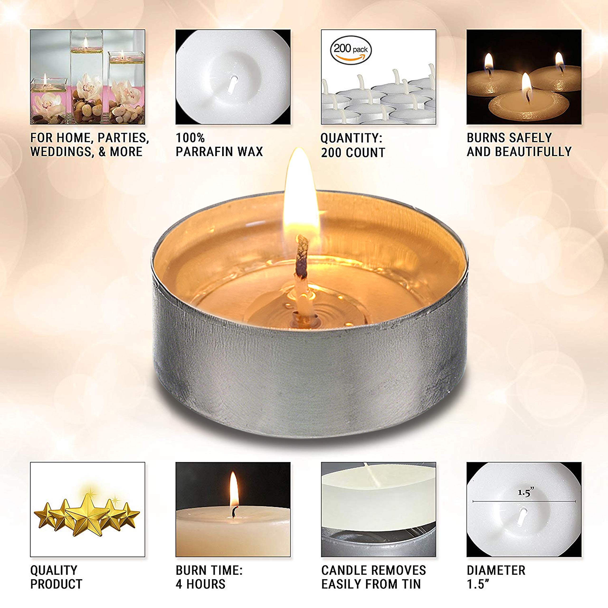 OHR CANDLES 200-Pack Bulk Unscented White Tealight Candles - 4 Hour Burn Time for Weddings, Parties, Home Decor & Relaxation