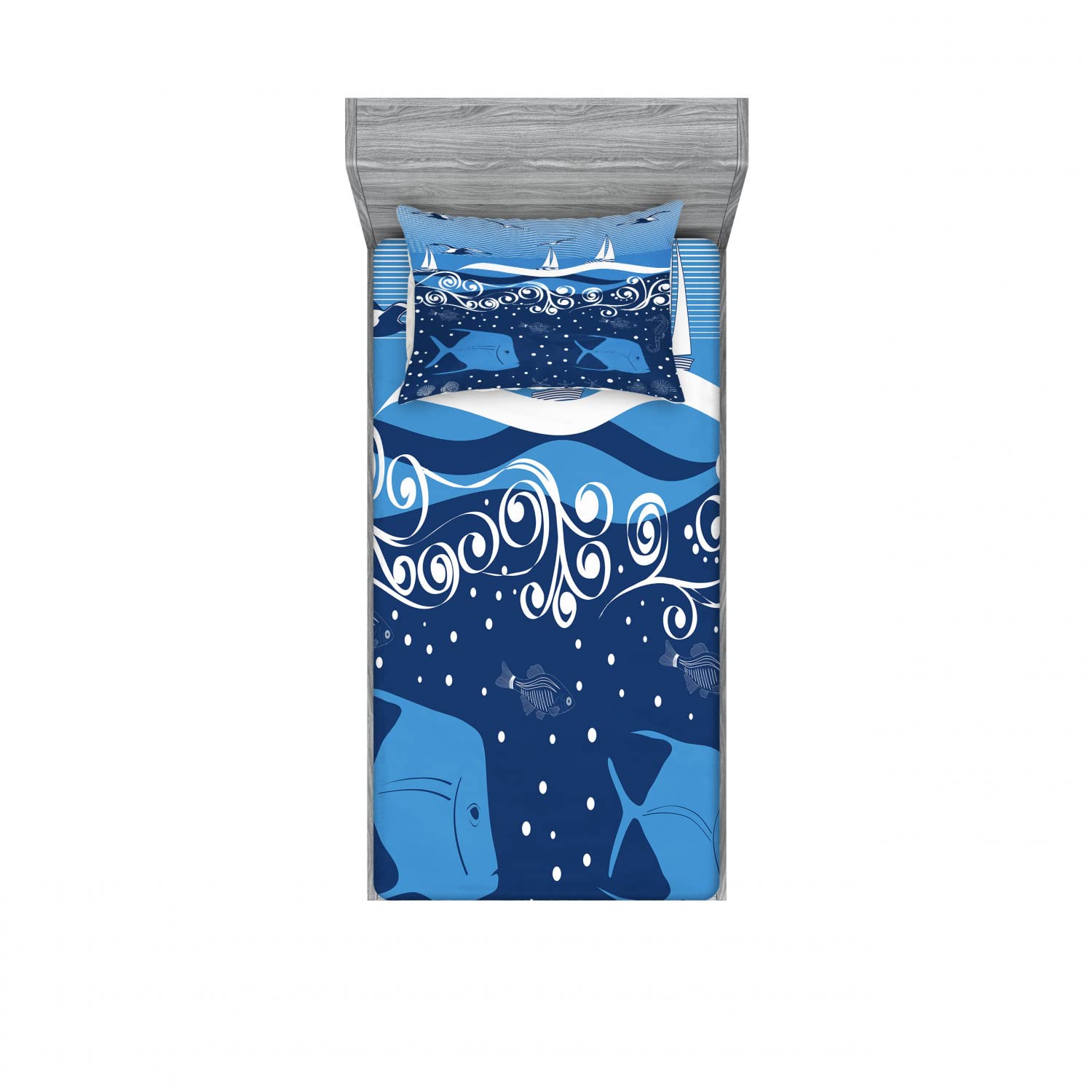 Ambesonne Nautical 2-Pack Twin Fitted Sheets & Pillow Sham Set - Underwater Life Sailboat Design, Blue & White Ocean Theme 4-Piece Bedding Set for Kids & Teens - Perfect for Beach House, Dorm Room or Coastal Decor