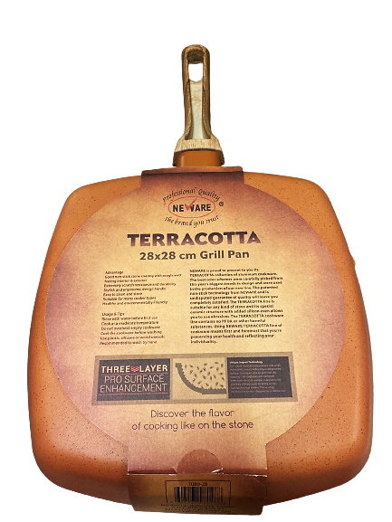 NEWARE Terracotta Square Grill Pan 11-Inch (28cm) - Perfect for Searing Meat, Vegetables & More - Ideal for Grilling, Roasting & Browning in Kitchen & Outdoor Cooking