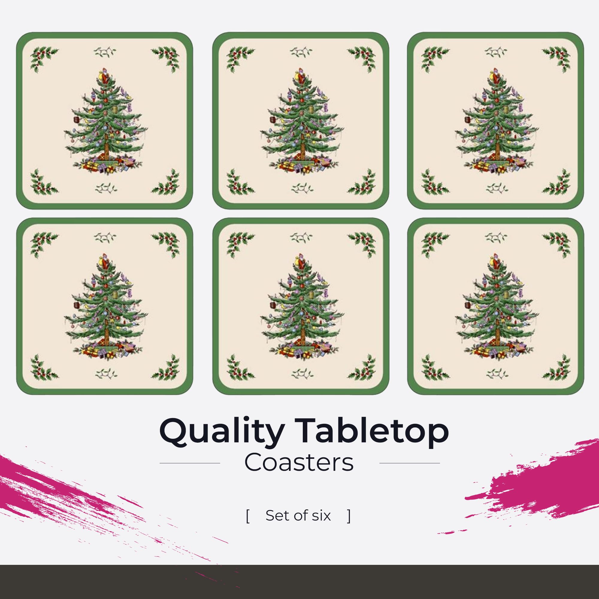 Spode Christmas Tree Holiday Coasters Set of 6 - 4x4 Inch Cork Backed Drink Coasters, Heat & Stain Resistant - Festive Tabletop Protection for Home Decor - Perfect for Christmas Parties, Dinner Tables & Holiday Gatherings
