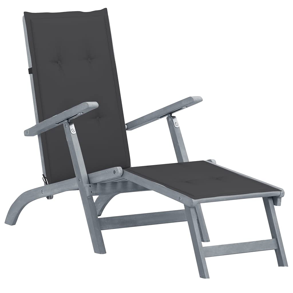 Solid Acacia Wood Patio Deck Chair with Footrest & Grey Cushion - Adjustable Reclining Lounge Chair for Outdoor, Garden, Beach, Poolside | Perfect for Sunbathing, Tanning & Relaxing in Backyard, Lawn or Patio