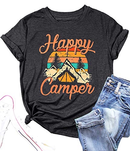 Women's Happy Camping Graphic T-Shirt - Funny Cute Hiking Tee with Short Sleeves - Perfect for Outdoor Adventures, Camping Trips & Summer Travel
