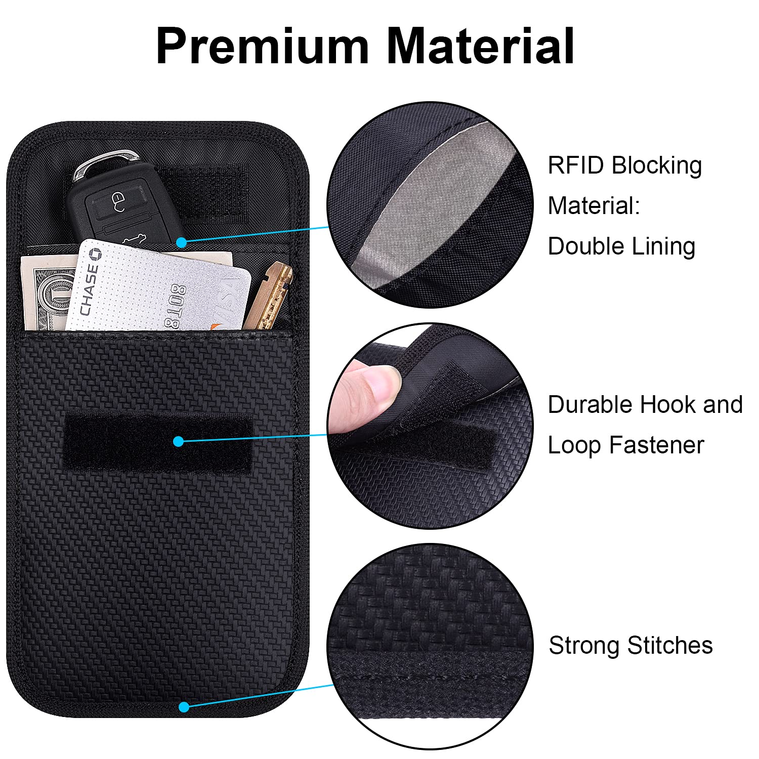 Wisdompro Faraday Pouch for Car Keys (2 Pack) - RFID Signal Blocking Bag, Anti-Theft Keyless Entry Protector - PU Leather Black | Prevent Car Hacking & Protect Key Fobs at Home, Travel or Parking