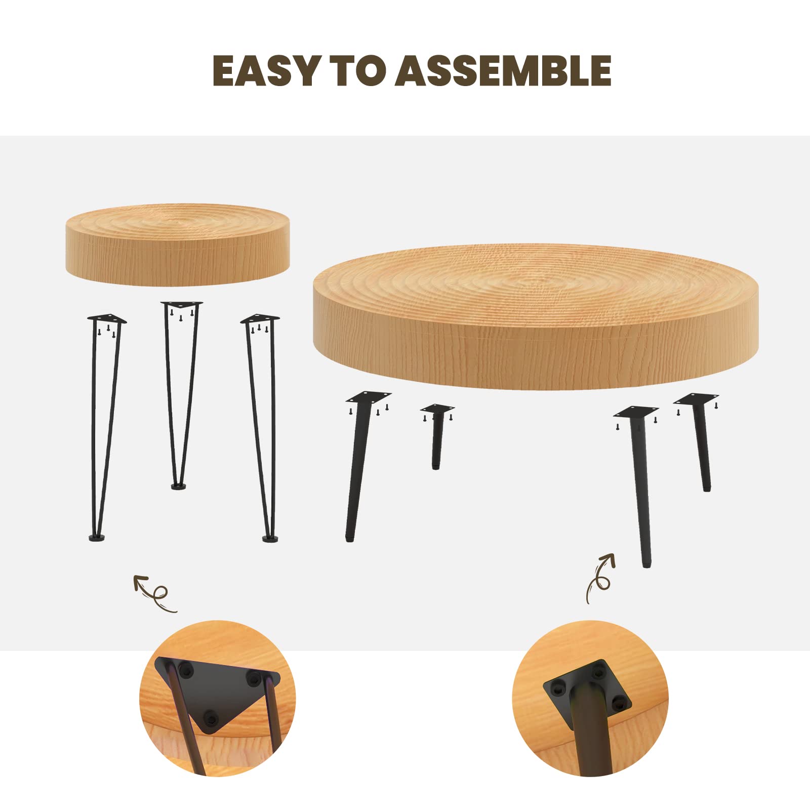 GOFLAME Round Coffee Table Set of 2 - Farmhouse Boho End Tables with Natural Wood Finish & Wood Ring Design, Solid Wood Nesting Side Tables with Sturdy Metal Legs & Adjustable Foot Pads - Perfect for Living Room, Bedroom, Dorm or Office Decor