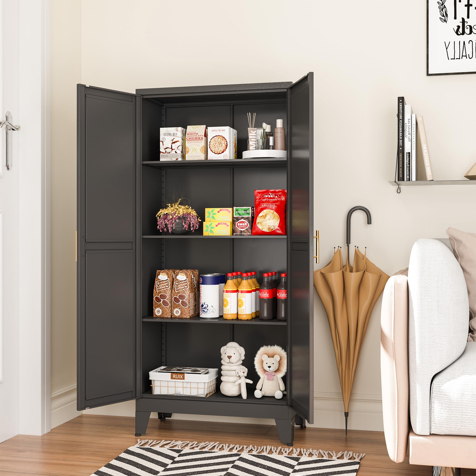 Stainless Steel Pantry Storage Cabinet with Adjustable Shelves & Feet - Heavy Duty Kitchen Organizer for Food, Spices & Supplies - Perfect for Pantry, Laundry Room, Dining Area & Home Office Storage