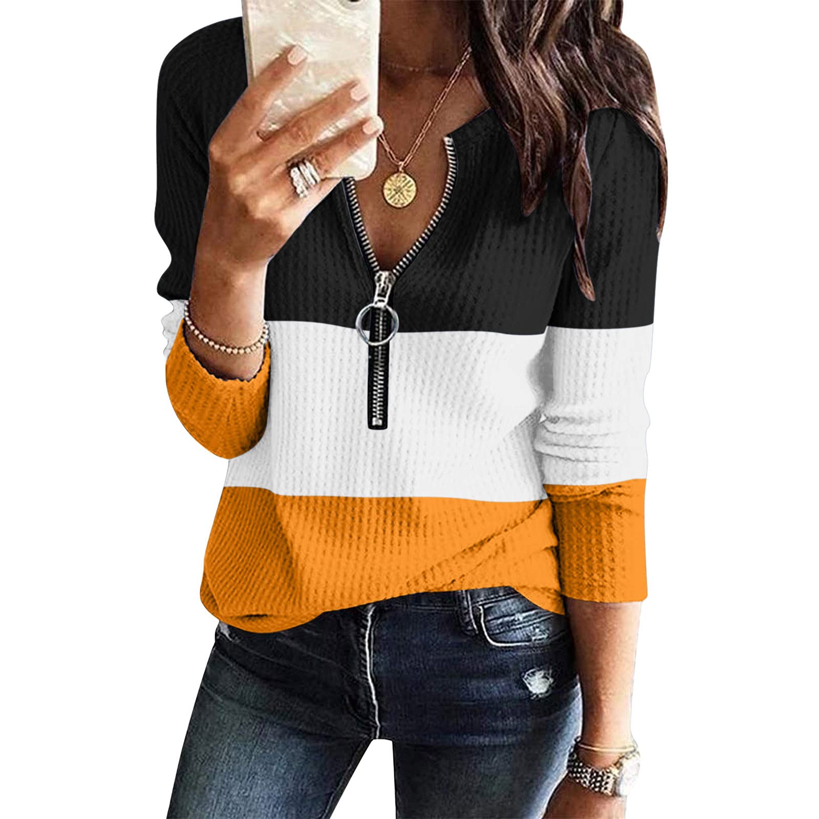 Women's Long Sleeve Waffle Knit Tunic Top with Zipper - Trendy Casual Pullover Sweatshirt for Fall | Comfortable Blouse for Work, Weekend & Layering