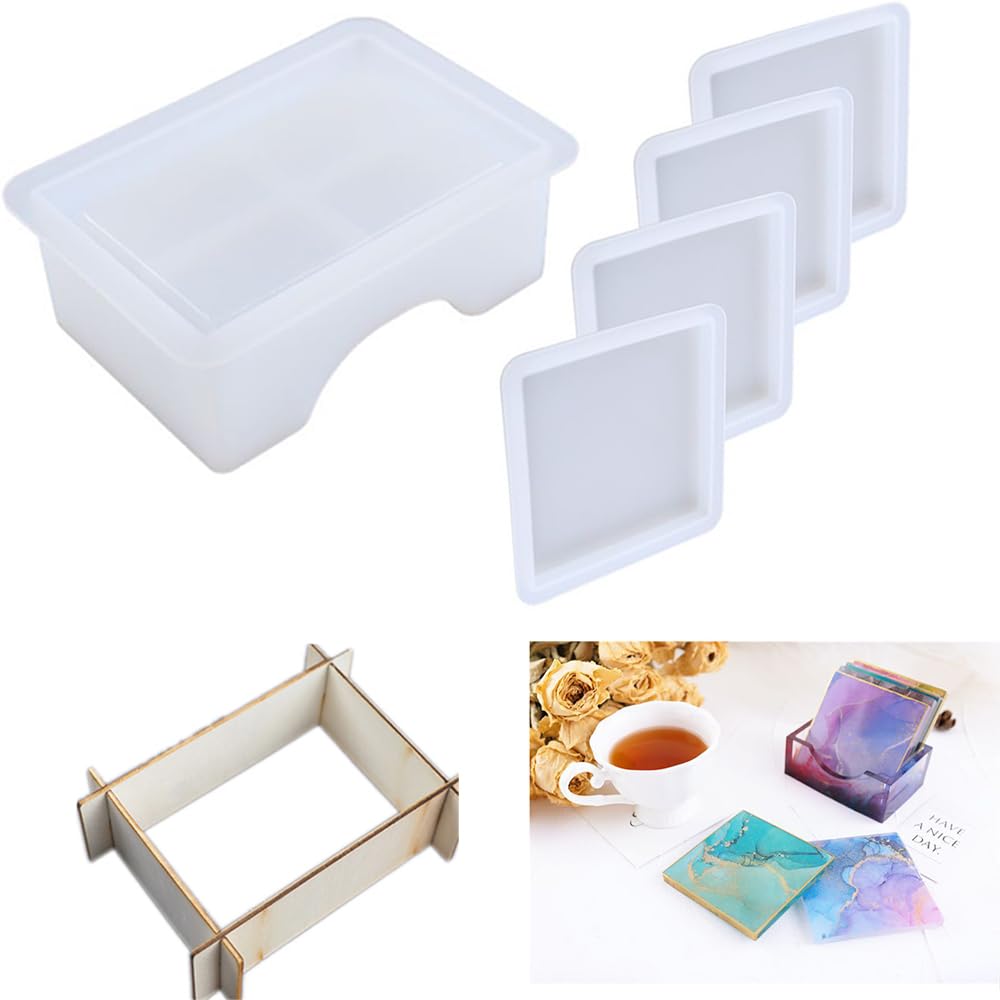 2Pcs Square Resin Coaster Molds with Holder & 4Pcs Fixed Plates - DIY Epoxy Cup Mat Silicone Molds for Crafting, Resin Art, Home Decor - Perfect for Coffee Tables, Dining Tables, and Gift Making