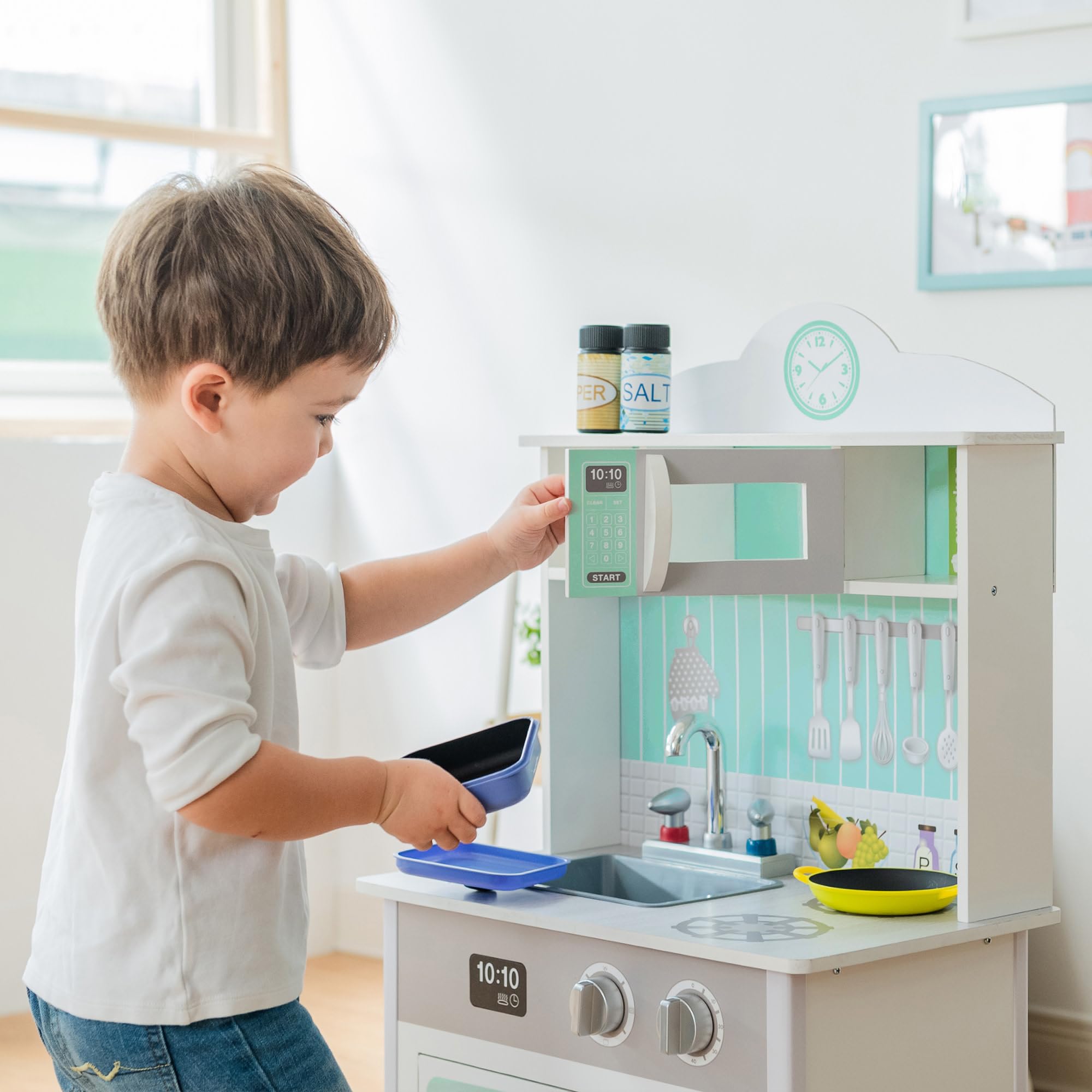 Teamson Kids Little Chef Madrid Classic Interactive Wooden Play Kitchen Set - Pretend Play Toy with Sink, Oven, Microwave & Storage - Easy Clean Gray & Mint Design - Perfect for Toddlers & Preschoolers Role Play, Birthday Gifts & Daycare Learning Activities