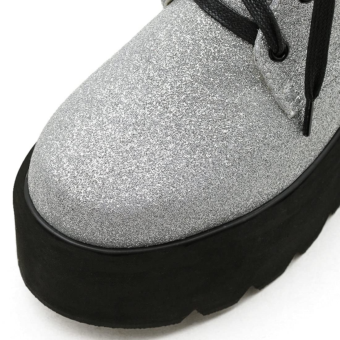 Agodor Women's Chunky Heel Lace-Up Combat Boots - Glitter Sequin Platform Ankle Booties for Goth Fashion, Night Out & Party Wear