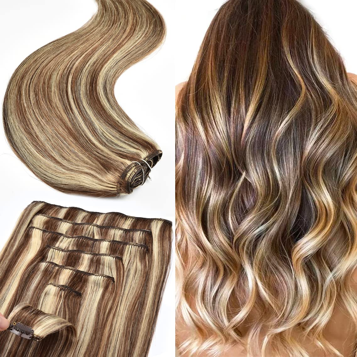 9A Brazilian Clip-in Human Hair Extensions 22 Inch 120g 7Pcs Straight Blonde Double Weft Real Hair - Perfect for Parties, Weddings & Daily Styling (#P4/613 Medium Brown with Blonde)
