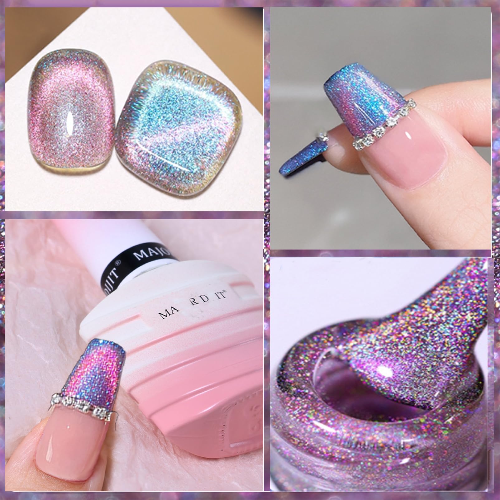 Holographic Cat Eye Gel Nail Polish - Rainbow Glitter UV/LED Reflective Nail Polish for Women & Girls (15ml) | Sparkly Purple Blue Nail Art Gel for Manicures, Parties & Special Occasions