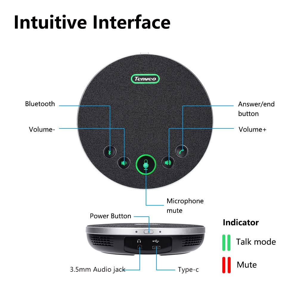 Tenveo Bluetooth/Wireless/USB Conference Speaker with Omnidirectional Microphone - Noise Cancelling Speakerphone for 10-12 People, 360° Voice Pickup for Zoom/Skype/Teams Online Meetings - Perfect for Home Office, Webinars & Conference Calls