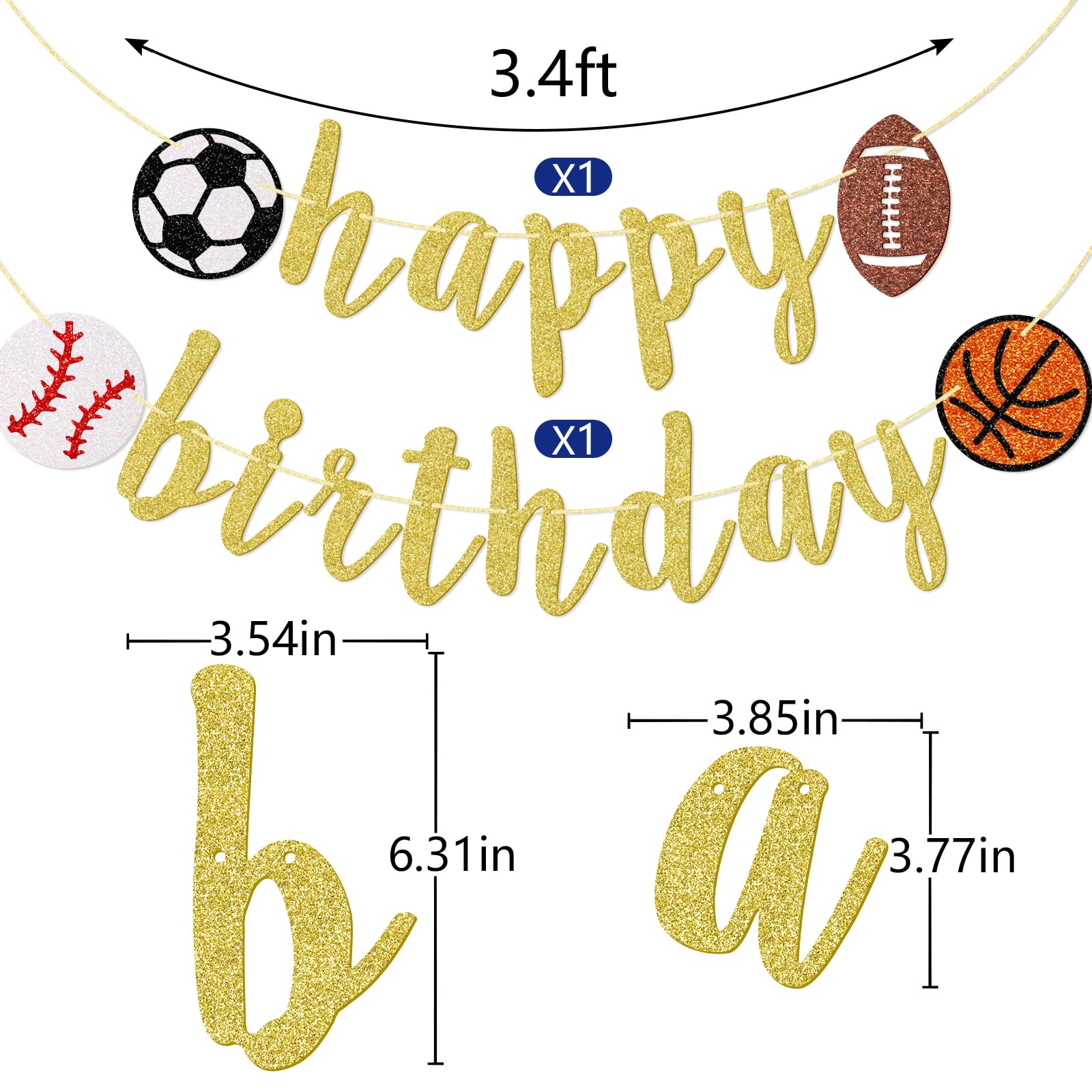 Sports Birthday Party Decorations Set - 10pcs Glitter Sports Banner, Hanging Swirls for Football, Baseball, Soccer & Basketball Theme - Gold | Perfect for Kids' Sports-Themed Birthday Parties & Team Celebrations