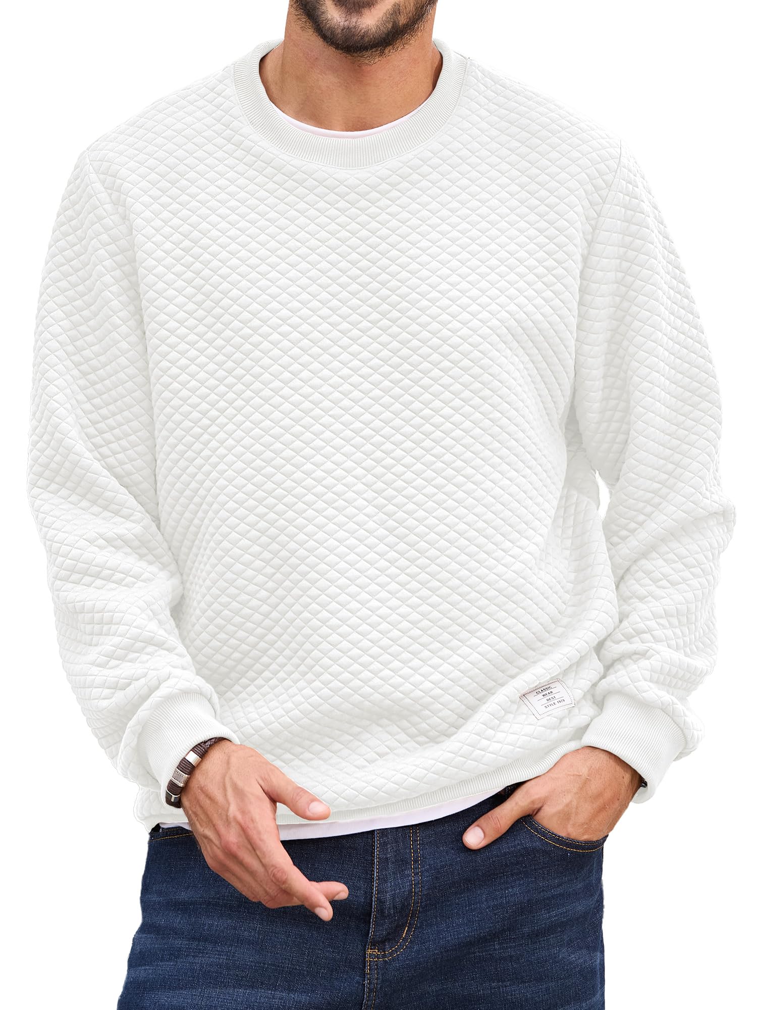 Men's Solid Color Diamond Grid Texture Crewneck Sweatshirt - Long Sleeve Casual Pullover Shirt for Everyday Wear, Street Style & Layering Outfits