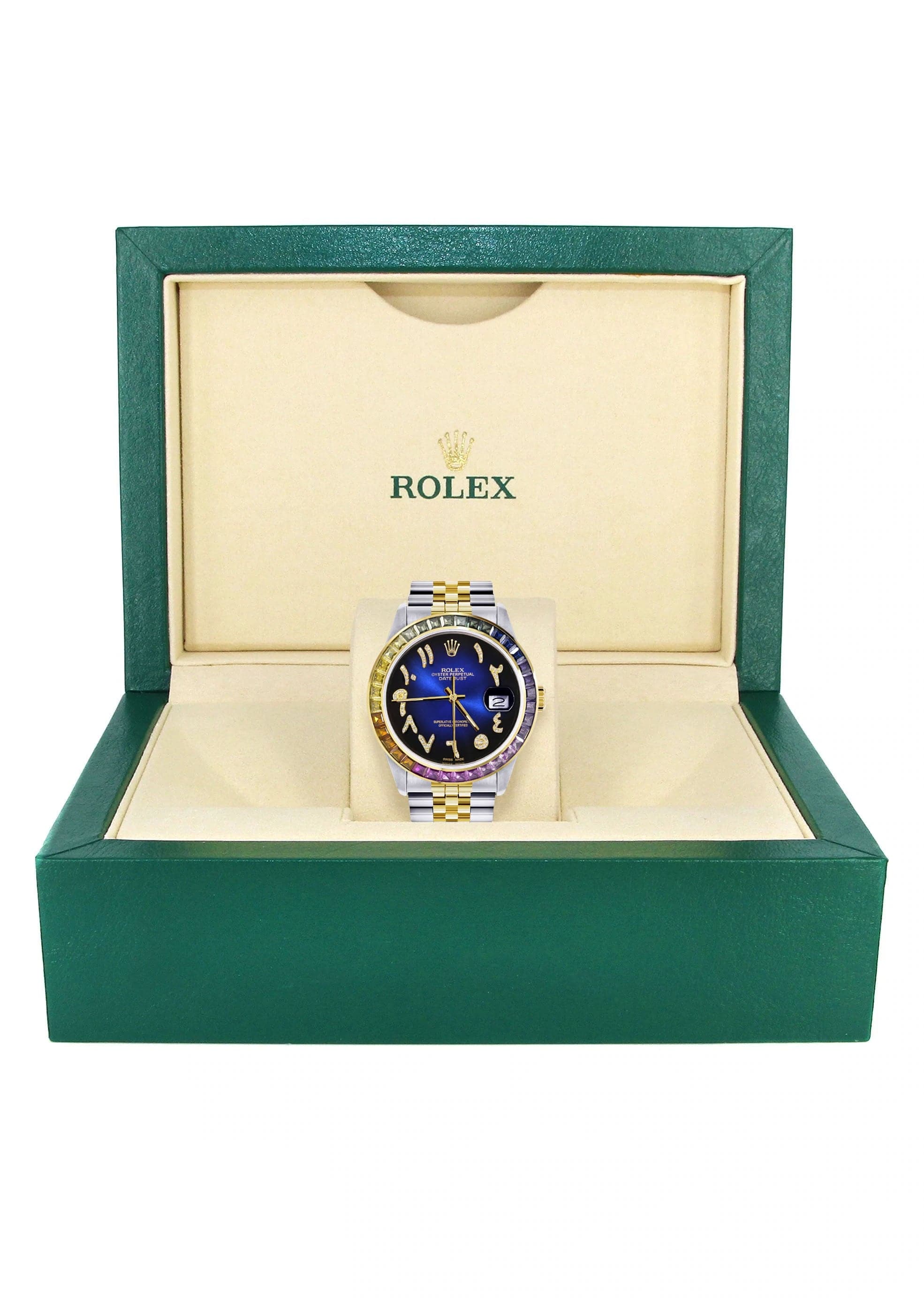 Luxury Diamond Gold Rolex Watch For Men 16233 | 36mm Rainbow Sapphire Bezel | Diamond Blue Black Arabic Dial | Jubilee Bracelet | Perfect for Gifts, Weddings & Formal Events
