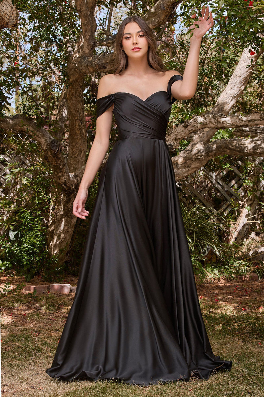 Jillian Gown - Black A-Line Soft Satin Off-Shoulder Dress for Evening Parties, Weddings & Special Occasions
