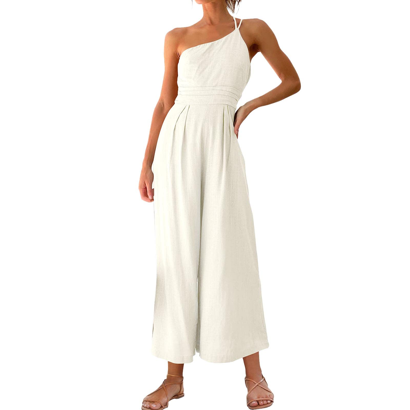 POLLYANNA KEONG Women's Summer Jumpsuit - Loose Sleeveless Button Down Pocketed Thermal Long Overalls Romper for Casual Outings, Beach Wear & Vacation Outfits