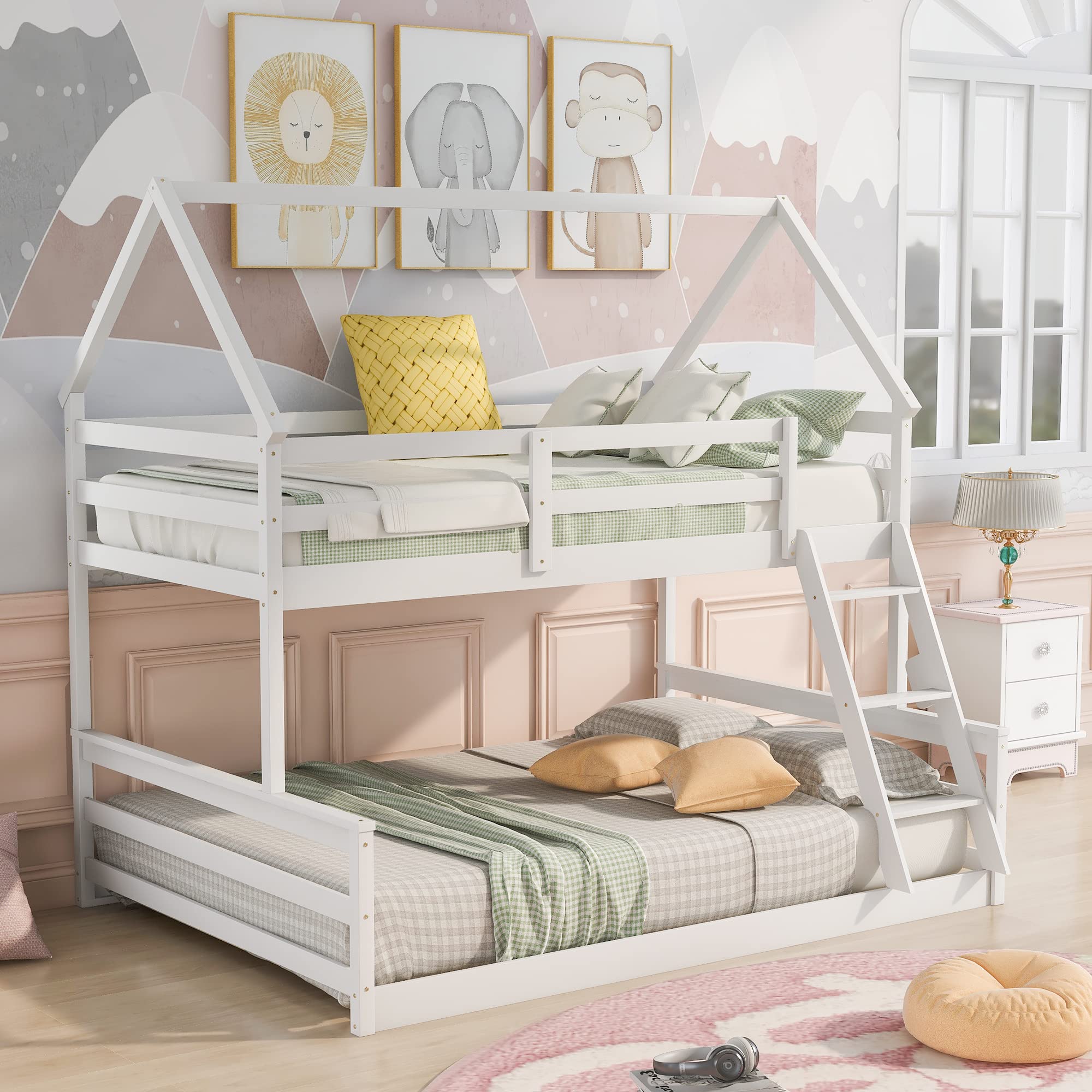 Low Bunk Bed Twin Over Full with Built-in Ladder - Sturdy Wooden Bunk Bed Frame for Kids & Teens - Space-Saving Bedroom Furniture for Small Rooms & Shared Kids' Rooms - White