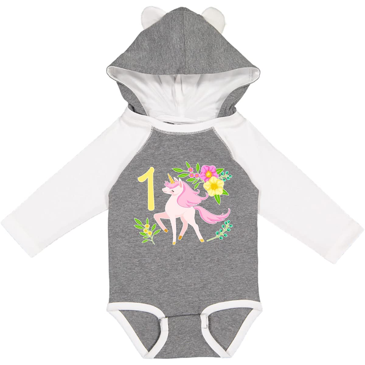 Inktastic First Birthday Pink Unicorn with Flowers Long Sleeve Baby Bodysuit - Perfect for 1st Birthday Party, Photo Shoots & Special Occasions