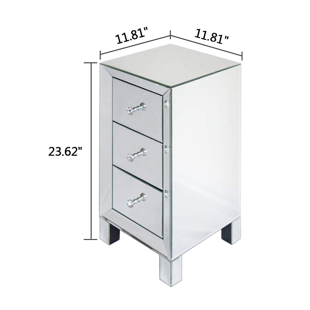 Modern Silver Glass Nightstand with 3 Drawers & Mirror Finish - Elegant Bedside Table for Bedroom, Living Room, Office - Perfect for Storage, Decor & Small Spaces