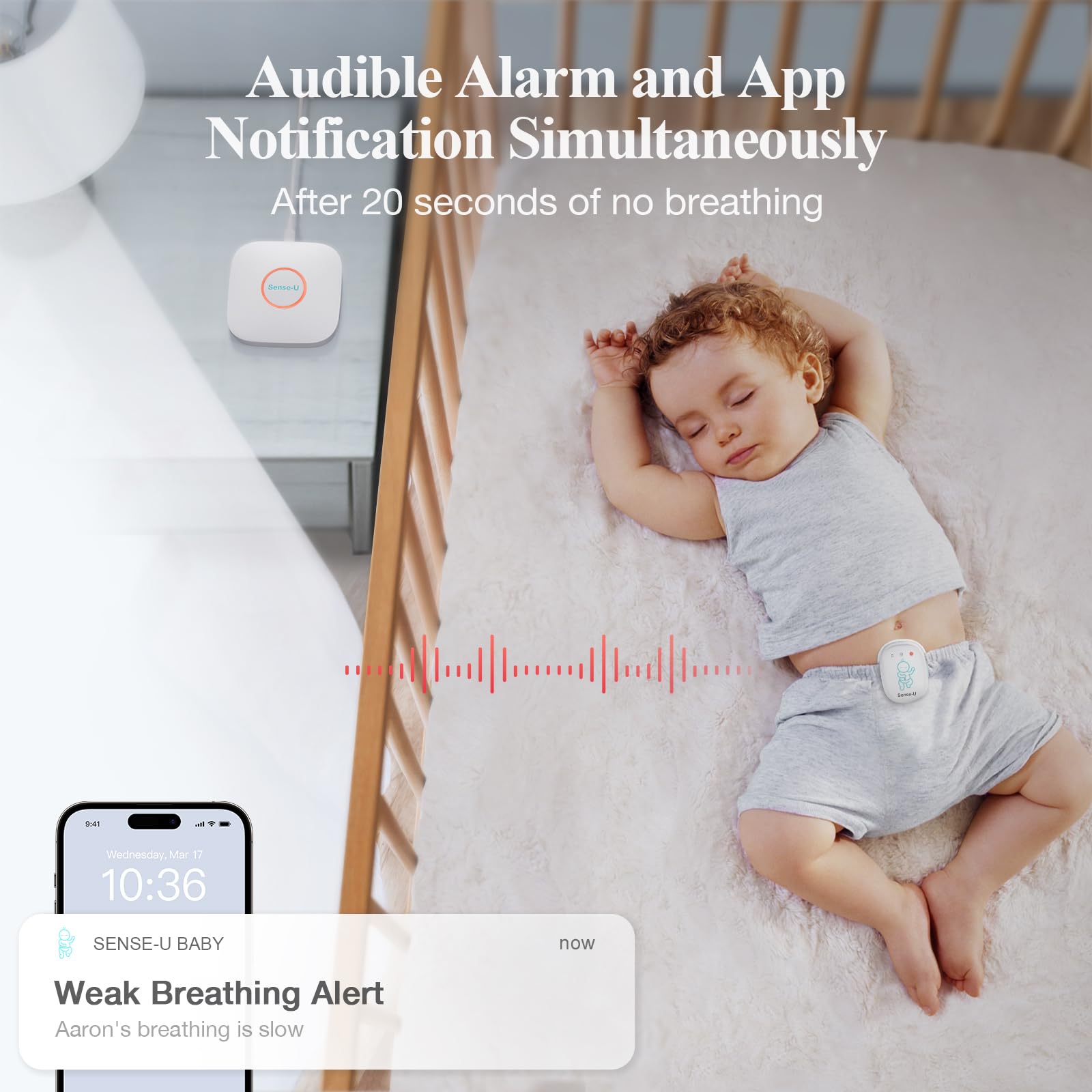 Sense-U Pro Baby Breathing Monitor with Real-Time Alerts – Track No Breathing, Rollover & Overheating Remotely | Vibration, Sound & App Notifications | Clip-On Wearable Design for Home, Travel & Nursery Safety