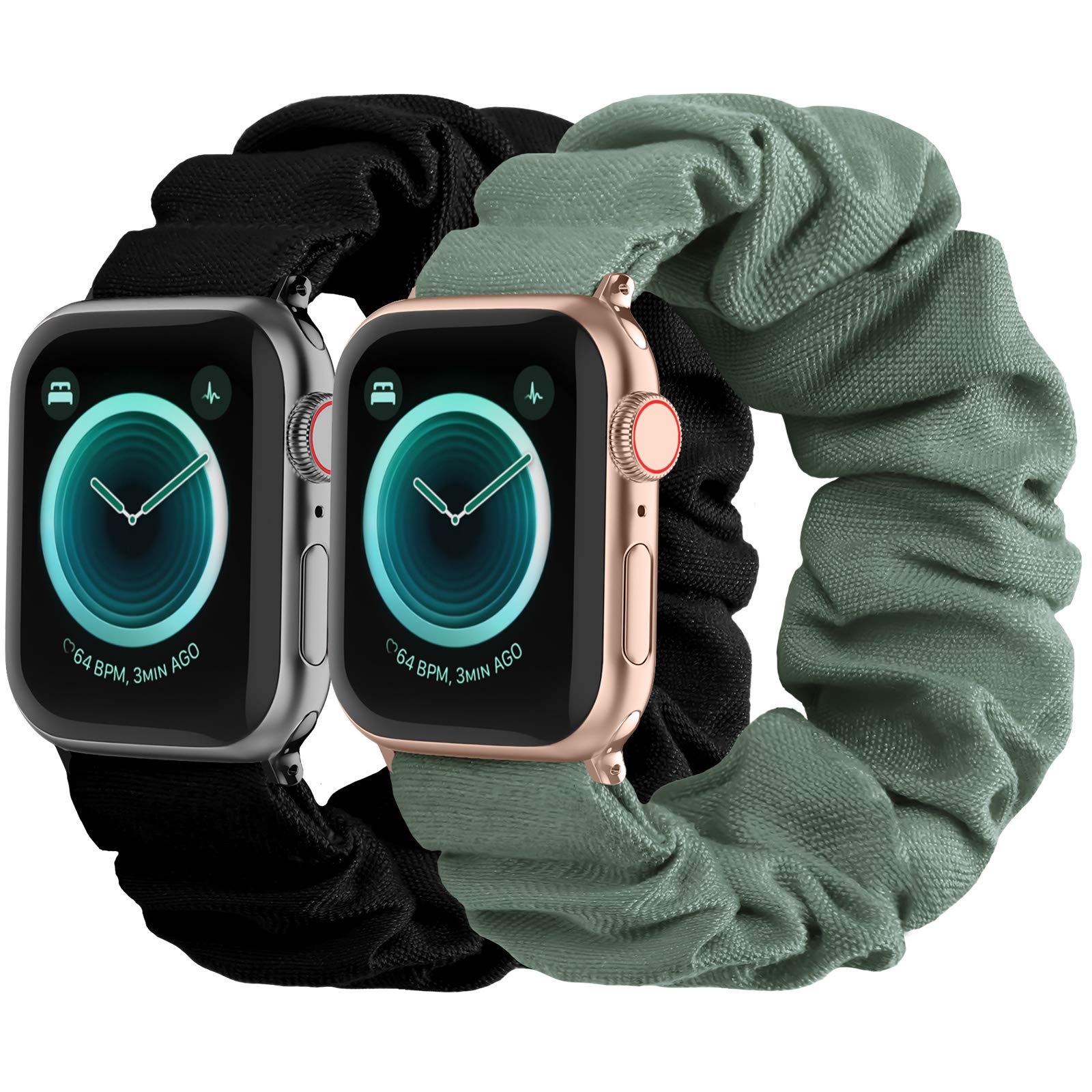 Stylish Elastic Scrunchies Apple Watch Bands 42mm 44mm 45mm - Soft Fabric Wristbands for Women, Compatible with iWatch Series 8/7/6/5/4/3/2/1/SE (Small Black & Green) - Perfect for Workouts, Yoga, and Everyday Fashion Accessories