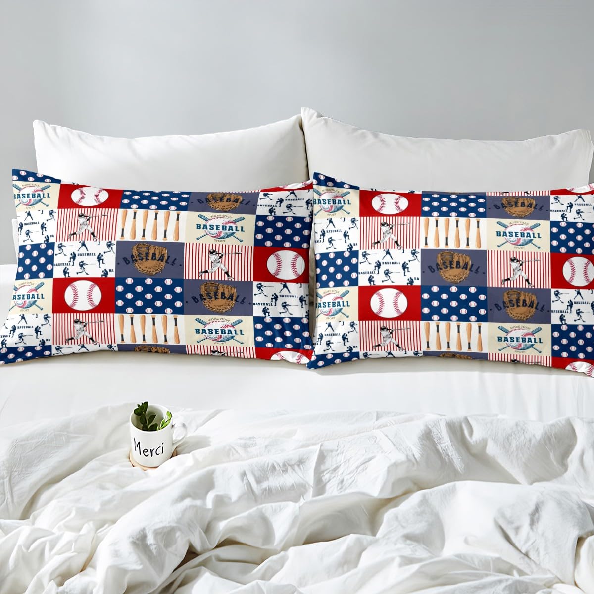 Manfei Full Size Baseball Sports Theme Bedding Set - 4 Piece Plaid Fitted Sheet with Deep Pocket, Flat Sheet & 2 Pillowcases for Kids, Boys, Teens - Baseball Bat & Gloves Print | Perfect for Sports-Themed Bedrooms, Dorm Rooms & Gift Ideas