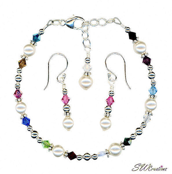 Sterling Silver Birthstone Crystal Pearl Jewelry Set - Elegant Necklace & Earrings for Women, Perfect Gift for Birthday, Anniversary & Special Occasions