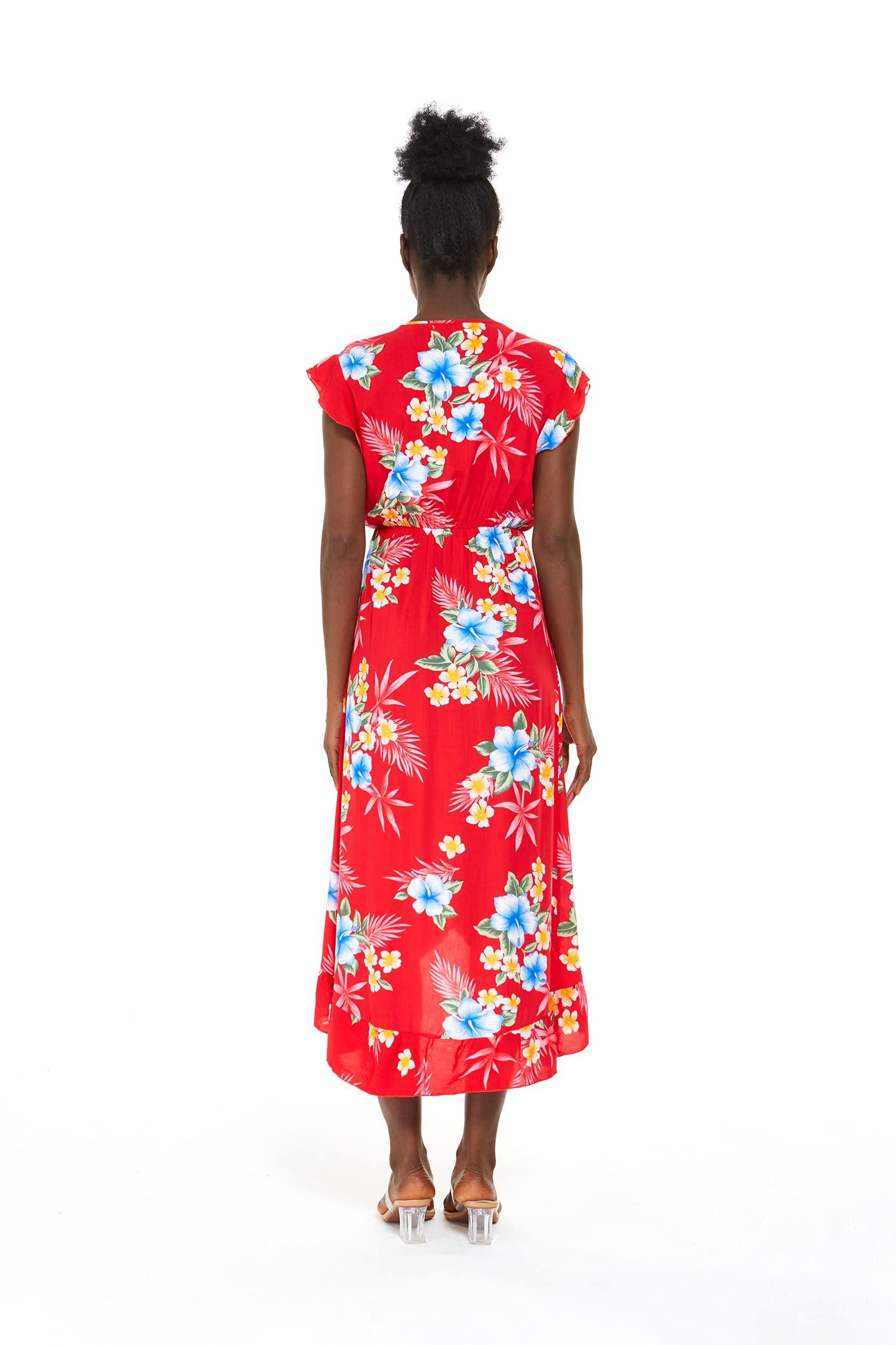 Women's Floral Hawaiian Luau Wrap Ruffle Dress - Tropical Hibiscus Vine Print Beach Party Outfit for Summer Vacations & Poolside Getaways