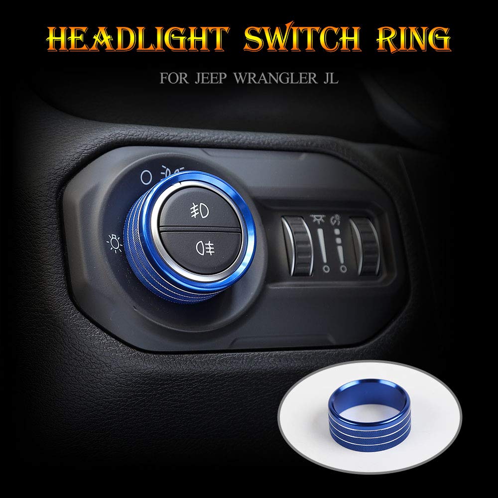 Jeep Wrangler JL 2018 Car Headlight Switch Knob Frame Ring Cover Trim - Blue Interior Accessories for Dashboard Customization | Perfect for Off-Roading & Night Driving Upgrades