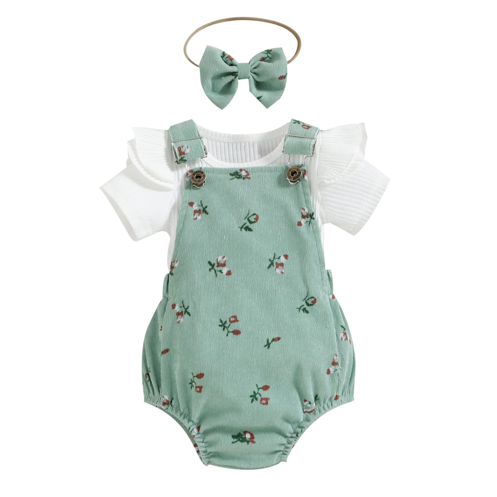 Yartina Newborn Baby Girl Summer Outfit Set - Ribbed Cotton T-Shirt, Adjustable Suspender Bodysuit & Shorts with Headband (3-Piece) | Perfect for Photoshoots, Playdates & Summer Adventures